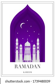 Vector Ramadan Kareem card. Vintage paper banner with mosque, moon, stars, sun and cloud for holy Ramadan wishing. Arabic decor in Eastern style. Islamic muslim background.