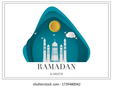 Vector Ramadan Kareem card. Vintage paper banner with mosque, moon, stars, sun and cloud for holy Ramadan wishing. Arabic decor in Eastern style. Islamic muslim background.