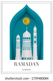 Vector Ramadan Kareem card. Vintage paper banner with mosque, moon, stars, sun and cloud for holy Ramadan wishing. Arabic decor in Eastern style. Islamic muslim background.