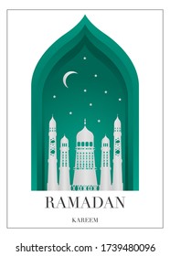 Vector Ramadan Kareem card. Vintage paper banner with mosque, moon, stars, sun and cloud for holy Ramadan wishing. Arabic decor in Eastern style. Islamic muslim background.