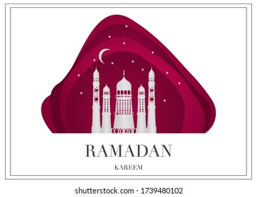 Vector Ramadan Kareem card. Vintage paper banner with mosque, moon, stars, sun and cloud for holy Ramadan wishing. Arabic decor in Eastern style. Islamic muslim background.