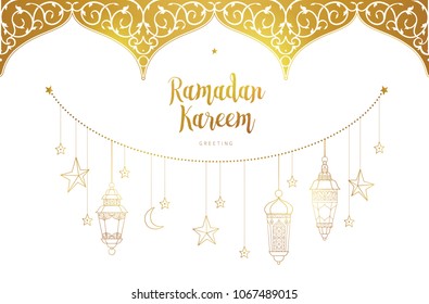 Vector Ramadan Kareem cards. Golden banner with lanterns for Ramadan wishing. Arabic shining lamps. Decor in Eastern style. Islamic background. Cards for Muslim feast of the holy of Ramadan month.