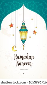 Vector Ramadan Kareem cards. Vintage banner with lantern for Ramadan wishing. Arabic shining lamp. Decor in Eastern style. Islamic background. Cards for Muslim feast of the holy of Ramadan month.