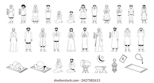 Vector Ramadan Kareem Dibujos animados Eid Mubarak Conjunto de ilustración aislado