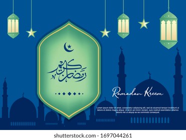 Vector Ramadan Kareem celebration with arabic calligraphy, crescent and lantern. Luxury background with decorative design, crescent and dome silhouette. Arabic calligraphy means: Holy Ramadan.