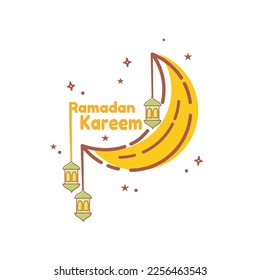 Vector of ramadan kareem celebration with decorative crescent moon and hanging lantern designed in cartoon flat style. Perfect for greeting cards, social media posts, Islamic themed websites. 