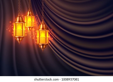 Vector ramadan kareem celebration lamp lantern silk drape curtain realistic 3d illustration. Arabic islam culture festival decoration religious fanoos glowing background Traditional muslim poster card