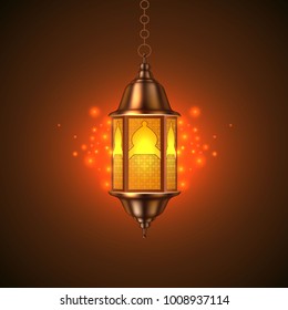 Vector ramadan kareem celebration lamp lantern realistic 3d illustration. Arabic islam culture festival decoration religious fanoos glowing symbol dark background Traditional muslim poster card design