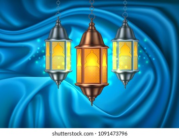 Vector ramadan kareem celebration lamp lantern on blue silk drape curtain, realistic 3d illustration. Arabic islam culture festival religious fanoos glowing background Traditional muslim poster card