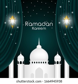 Vector ramadan kareem celebración lámpara linterna de tela de seda cortina realista 3d ilustración. Festival de cultura islam árabe decoración fanoos religiosos fondo brillante Cartel musulmán tradicional