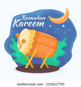 Vector of ramadan kareem drum, bedug with star and flat night background illustration. Used for template, symbol icon and sign of eid al fitr muslim traditional instrument.