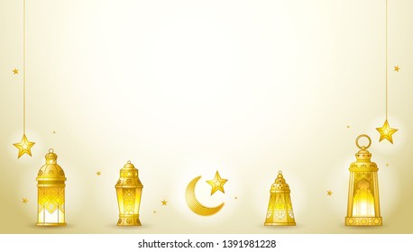 Vector Ramadan Kareem greeting card. Vintage banner template with gold crescent, lanterns, stars. Place for text. Islamic background for Muslim feast of the holy.