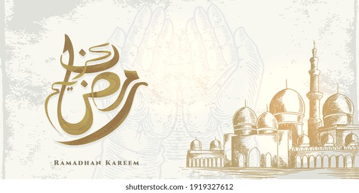 Vector Ramadan Kareem greeting card with big mosque sketch and arabic calligraphy means "Holly Ramadan" isolated on white background. Hand drawn sketch illustration on grunge background.