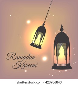 vector of Ramadan Kareem greeting card glowing gold arabic lamp - Translation of text : Ramadan Kareem - May Generosity Bless you during the holy month