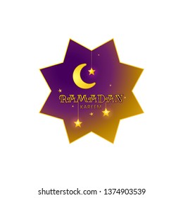 Vector Ramadan Kareem greeting emblem. Golden vintage banner with gold crescent, stars for Ramadan wishing. Arabic illustration. Islamic background. Card for Muslim feast of the holy of Ramadan month.