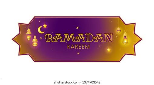 Vector Ramadan Kareem greeting emblem. Golden vintage banner with gold crescent, stars for Ramadan wishing. Arabic illustration. Islamic background. Card for Muslim feast of the holy of Ramadan month.