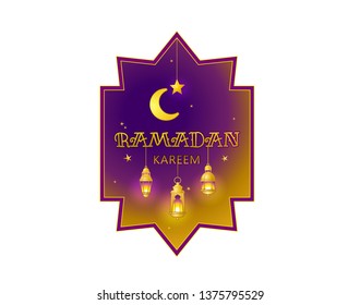 Vector Ramadan Kareem greeting emblem. Golden vintage banner with gold crescent, stars for Ramadan wishing. Arabic illustration. Islamic background. Card for Muslim feast of the holy of Ramadan month.