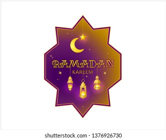 Vector Ramadan Kareem greeting emblem. Golden vintage banner with gold crescent, stars for Ramadan wishing. Arabic illustration. Islamic background. Card for Muslim feast of the holy of Ramadan month.