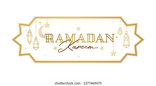 Vector Ramadan Kareem greeting emblem. Golden vintage banner with gold crescent, stars for Ramadan wishing. Arabic illustration. Islamic background. Card for Muslim feast of the holy of Ramadan month.