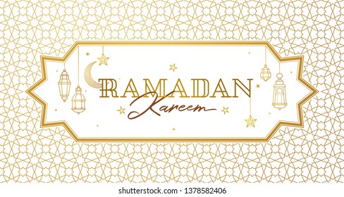 Vector Ramadan Kareem greeting emblem. Golden vintage banner with gold crescent, stars for Ramadan wishing. Arabic illustration. Islamic background. Card for Muslim feast of the holy of Ramadan month.