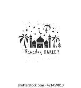 Vector Ramadan Kareem greeting with mosque and hand drawn calligraphy lettering on night cityscape background. Vector illustration Ramadan Kareem.
