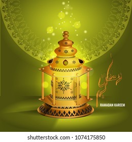 Vector Ramadan kareem vector greetings design with lantern or fanoos mock up with green background.