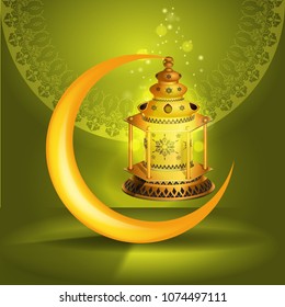 Vector Ramadan kareem vector greetings design with lantern or fanoos mock up with green background.