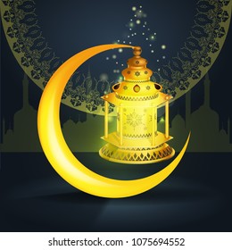 Vector Ramadan kareem vector greetings design with lantern or fanoos mock up with golden background.