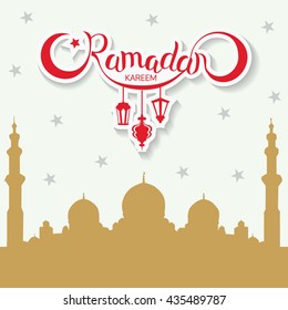 Vector Ramadan kareem lettering calligraphy image. Islamic style inscription on mosque silhouette background, web design, poster, print , advertisement element