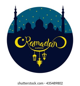Vector Ramadan kareem lettering calligraphy image. Islamic style inscription on mosque under blue night star sky background, web design, poster, print , advertisement element