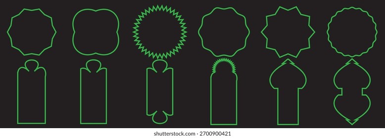 Vector  Ramadan Kareem mosque gates, doors and windows .Collection of various green geometric and ornamental shapes arranged on a perfect for design elements, templates, and pattern creation.
