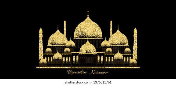 Vector Ramadan Kareem of Mosque with gold shining glitter texture on black background, An Islamic greeting card for holy month of Ramadan Kareem,Eid Mubarak banner