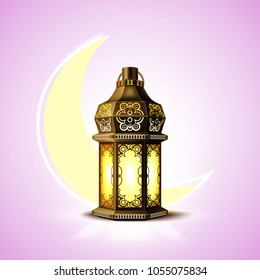 Vector ramadan kareem poster, celebration lamp lantern realistic 3d illustration. Arabic islam culture festival decoration religious fanoos glowing moon background Traditional muslim invitation card