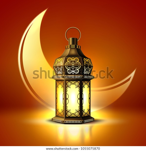 ベクターラマダンカリームポスター お祝い灯のランプのリアルな3dイラスト 宗教的な黄色い月の背景にアラビアのイスラム文化祭の飾り付け伝統的なイスラム教の招待状 のベクター画像素材 ロイヤリティフリー
