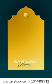 Vector Ramadan Kareem pre-made card. Golden vintage banner with shining lantern for yours Ramadan wishing. Place for greeting text. Islamic background for Muslim feast of the holy of Ramadan month.