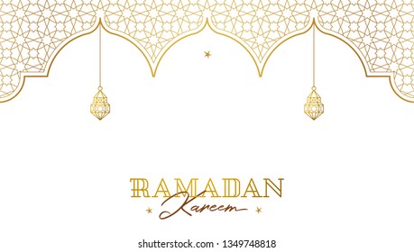 Vector Ramadan Kareem pre-made card. Golden vintage banner with arches for yours Ramadan wishing. Place for greeting text. Islamic background for Muslim feast of the holy of Ramadan month.