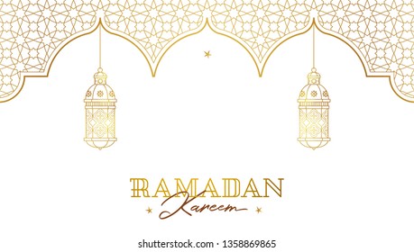 Vector Ramadan Kareem pre-made card. Golden vintage banner with arches for yours Ramadan wishing. Place for greeting text. Islamic background for Muslim feast of the holy of Ramadan month.
