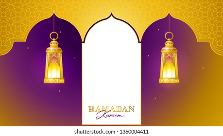Vector Ramadan Kareem pre-made card. Golden vintage banner with shining lantern for yours Ramadan wishing. Place for greeting text. Islamic background for Muslim feast of the holy of Ramadan month.