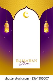 Vector Ramadan Kareem pre-made card. Golden vintage banner with shining lantern for yours Ramadan wishing. Place for greeting text. Islamic background for Muslim feast of the holy of Ramadan month.