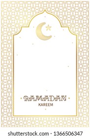 Vector Ramadan Kareem pre-made card. Golden vintage banner with crescent for yours Ramadan wishing. Place for greeting text. Islamic background for Muslim feast of the holy of Ramadan month.