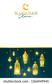 Vector Ramadan Kareem pre-made card. Golden vintage banner with shining lanterns for yours Ramadan wishing. Place for greeting text. Islamic background for Muslim feast of the holy of Ramadan month.