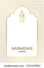 Vector Ramadan Kareem pre-made card. Golden vintage banner with shining lantern for yours Ramadan wishing. Place for greeting text. Islamic background for Muslim feast of the holy of Ramadan month.