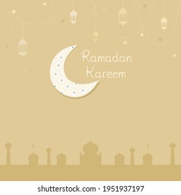 Vector - Ramadan Kareem season. Lantern, moon, mosque, star, light on brown background. Islam, Arab. Traditional, religion holiday concept. Copy space. Can be use for greeting card, banner, poster.