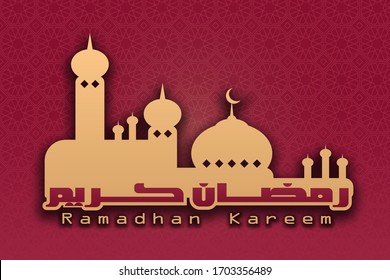 Vector Ramadan Kareem with silhouette of the mosque and moon on it in orange, red background with islamic geometric pattern