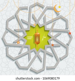 Vector Ramadan Karem islamic greeting card with Arabic moroccan pattern geometric ornament background.