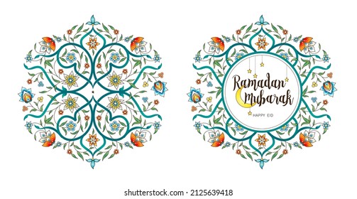 Vector Ramadan Mubarak card. Vintage floral banner with lanterns for Ramadan wishing. Arabic ornament. Ramadan Kareem Decor in Eastern style. Islamic background. Card for Muslim feast of Ramadan month