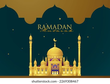Vector Ramadan Mubarak card. Vintage banner for Ramadan wishing. Golden Arabic arch, mosque, stars. Decor in Eastern style. Islamic background. Card for Muslim feast of the holy of Ramadan month.