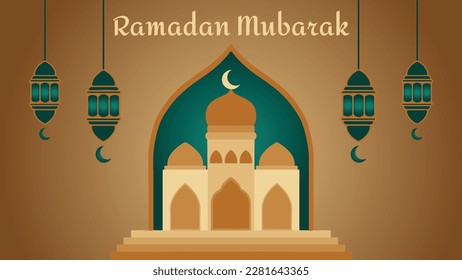 VECTOR RAMADAN MUBARAK WITH GOLDEN MOSQUE BACKGROUND is a beautiful vector illustration
showing the golden mosque building. There are also lanterns which are a combination of gold and color
green.