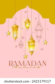 Vector Ramadan Mubarak premade card. A4 page size. Vintage banner for your Ramadan wishing. Shining Arabic lanterns. Islamic Holidays luxury pink background. Muslim feast of Ramadan month.