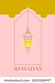 Vector Ramadan Mubarak premade card. A4 page size. Vintage banner for your Ramadan wishing. Shining Arabic lanterns, arch. Islamic Holidays luxury pink background. Muslim feast of Ramadan month.